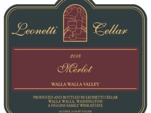 Leonetti Merlot 2018 label; A black rectangular label with a gold border. A central maroon stripe with gold text. A small gold bordered maroon 'stained window' above with a gold line drawing of a bottle and glass with gold text to each side and below the central bar.