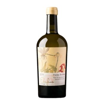 Edaphos Alder Springs Vineyard Petite Arvine 2019; Rectangular label showing dragonfly hovering over poppies towards the top.
