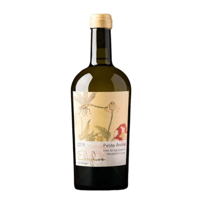 Edaphos Alder Springs Vineyard Petite Arvine 2019; Rectangular label showing dragonfly hovering over poppies towards the top.