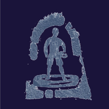 Fine Disregard Atlas Piedras Grenache Alexander Valley 2018; A dark blue square label with a light blue design showing the figure of a man standing in a circle with an arch above him that could possibly represent the entrance to a cave