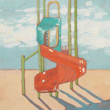 Hatton Daniels RBD Mokelumne Glen; a rectangular label with a square insert of a blue and red spiral slide on a beach with sea and sky.