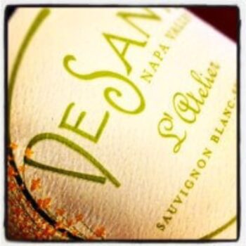 DeSante L'Atelier 2018; Black bordered square label showing beige bottle label with lime green text