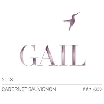 GAIL Deering Cabernet Sauvignon 2018 label GAIL Pickberry Merlot 2018 label: A simple white rectangular label showing a humming bird in silhouette hovering above dark text