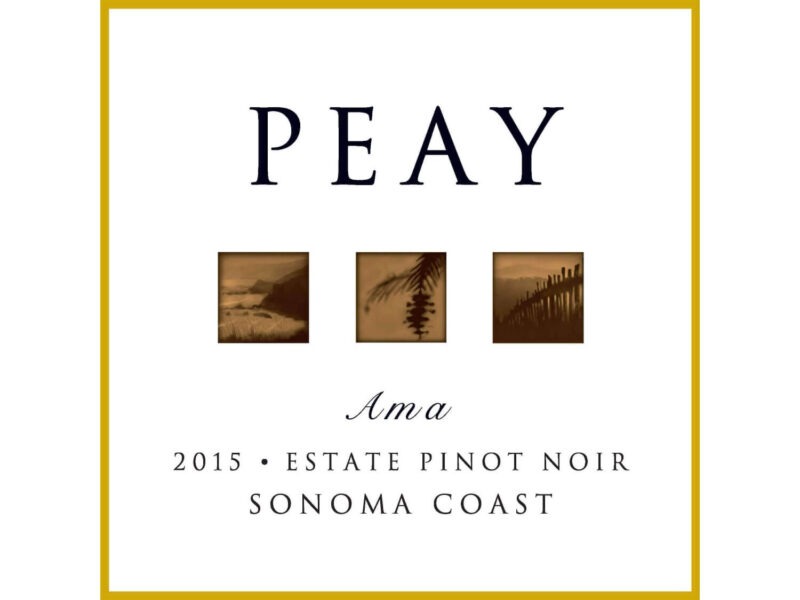 Peay Ama Estate Pinot Noir 2015; A gold bordered square white label with dark text above and below three small inset squares showing vineyard scenery in sepia colours.