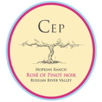 CEP Hopkins Ranch Rosé Pinot Noir 2020;An oval beige label with pink border, with black line drawing of a grapevine and text in black & pink