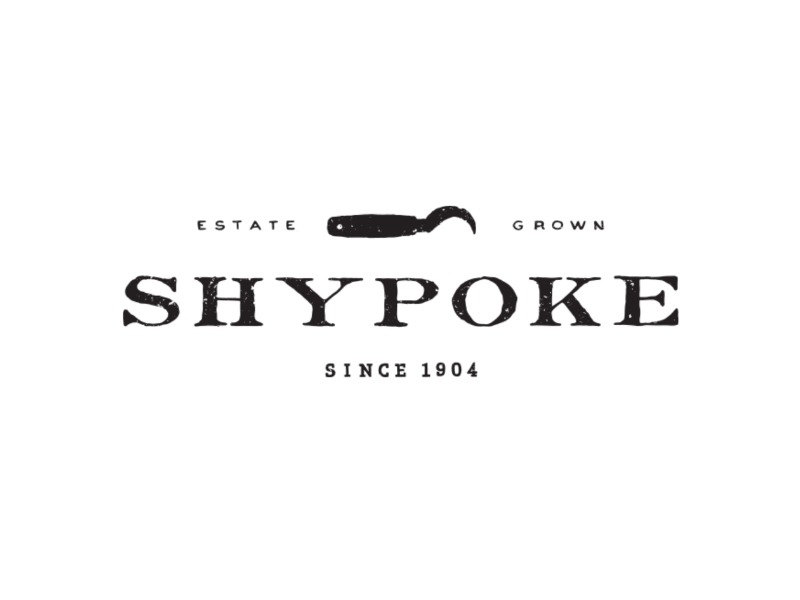 Shypoke Cabernet Sauvignon 2017; Extremely elegant white rectangular label. with black text across the middle and a small image of a gardener's harvesting sickle