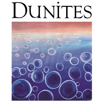 Dunites_Pet Nat label - dark peach coloured sky above blue abstract sea with large bubbles