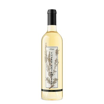 Kiona Artemisia White Field Blend 2019; Very long rectangular label with a dark border, black text with vertical orientation overlaying a brown coloured plant sprig.