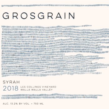 Grosgrain Les Collines Syrah 2018 label; A beige label with wavy horizontal stripes of various lengths, all beginning on the left.